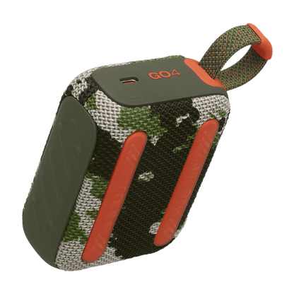 JBL Go 4 Kenya camo bottom-rear angle showing USB-C port, dual passive radiators, and carry loop