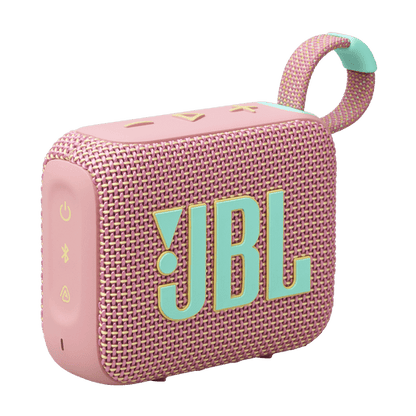 JBL Go 4 Kenya in pink colorway, front 3/4 angle showing JBL logo, teal carry loop, and control buttons