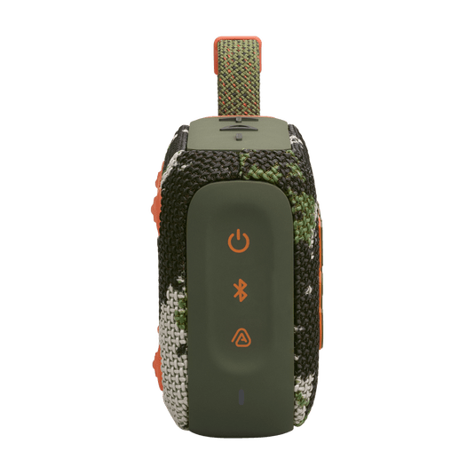 JBL Go 4 Kenya camo left side panel showing power, Bluetooth, and Auracast control buttons