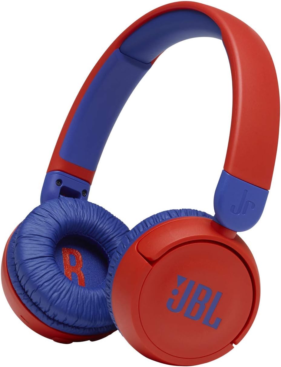 JBL Jr310BT kids headphones Kenya — red and blue colorway, 3/4 front view on white background