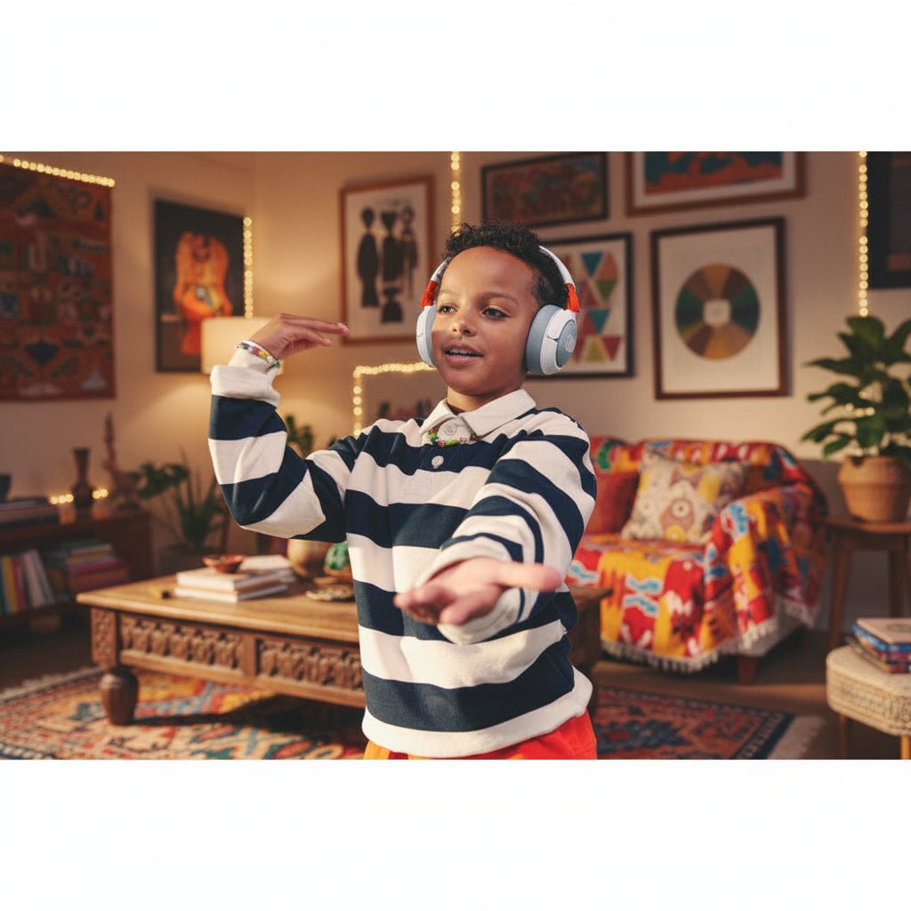 Child wearing JBL Junior 470NC headphones Kenya at home in a striped shirt