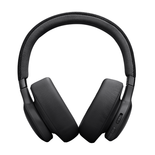JBL Live 770NC Kenya front angle view showing right earcup side button and textured fabric headband