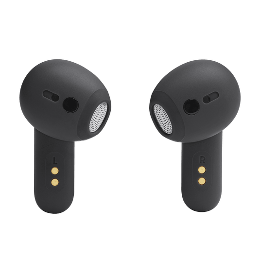 JBL Live Flex Kenya earbuds rear view showing ANC microphone mesh grilles and gold charging contacts