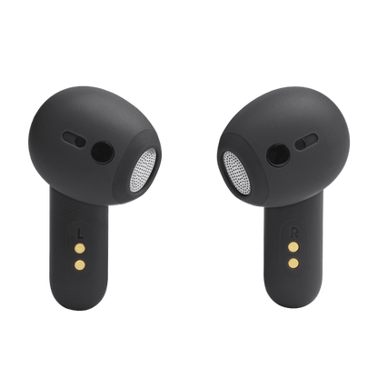 JBL Live Flex Kenya earbuds rear view showing ANC microphone mesh grilles and gold charging contacts