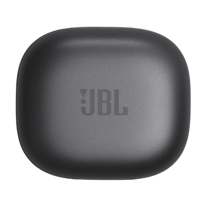 JBL Live Flex Kenya earbuds rear view showing ANC microphone mesh grilles and gold charging contacts