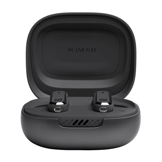 JBL Live Flex Kenya charging case closed bottom view showing USB-C port for wired and wireless charging