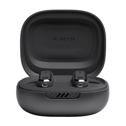 JBL Live Flex Kenya charging case closed bottom view showing USB-C port for wired and wireless charging