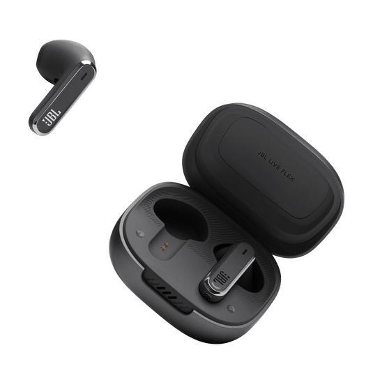 JBL Live Flex Kenya single earbud above open charging case showing JBL Live Flex branding and case interior