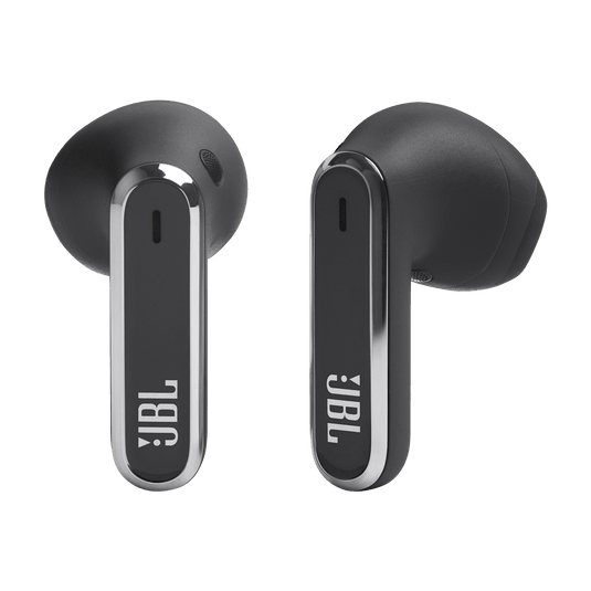 JBL Live Flex Kenya both earbuds front view showing JBL logo stem and silver chrome trim in black