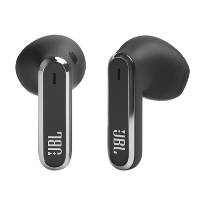 JBL Live Flex Kenya both earbuds front view showing JBL logo stem and silver chrome trim in black