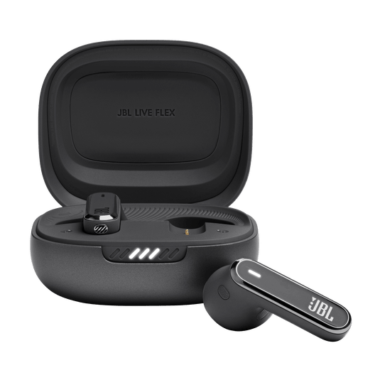 JBL Live Flex Kenya black true wireless earbud beside open charging case with JBL Live Flex lid branding