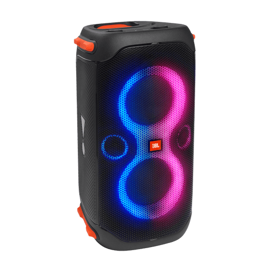 JBL PartyBox 110 Kenya — front 3/4 view with blue and pink LED light show active, white background