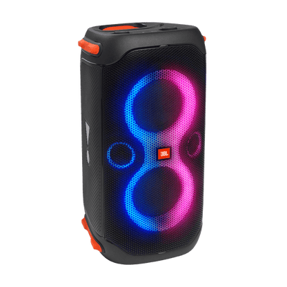 JBL PartyBox 110 Kenya — front 3/4 view with blue and pink LED light show active, white background