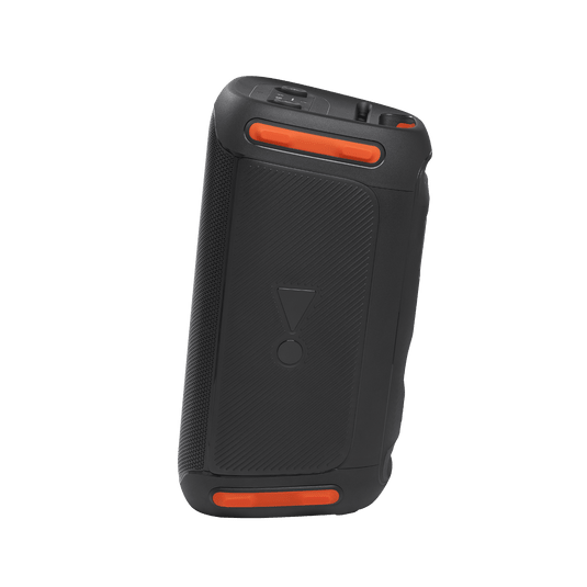 JBL PartyBox 110 Kenya — left side profile showing orange accent strips and carry handle, plain background