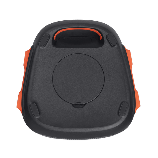 JBL PartyBox 110 Kenya — bottom panel view with closed port cover, rubber feet and orange side accents