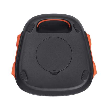 JBL PartyBox 110 Kenya — bottom panel view with closed port cover, rubber feet and orange side accents