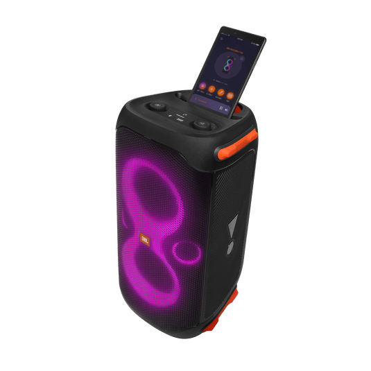 JBL PartyBox 110 Kenya — 3/4 front view with purple LED light show and smartphone showing PartyBox app on top