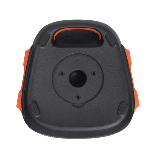 JBL PartyBox 110 Kenya — bottom view with open port cover, charging access and orange side accents visible