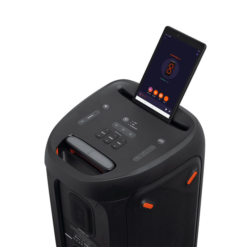 JBL PartyBox 310 Kenya full rear view showing bass port, product compliance label, orange accents and trolley wheels