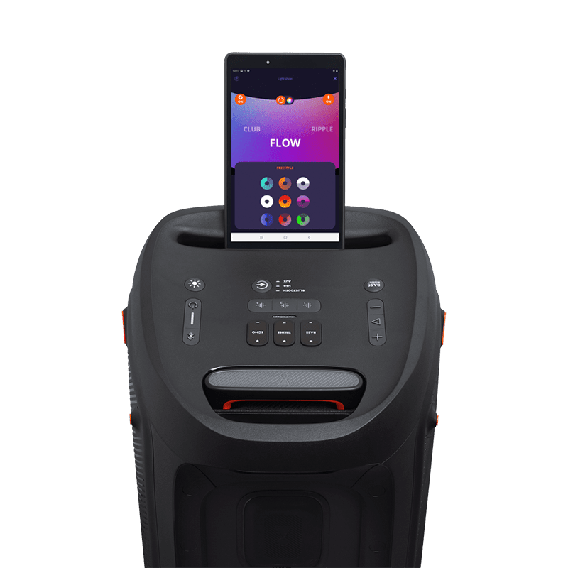 JBL PartyBox 310 Kenya front top view with smartphone docked in cradle showing JBL PartyBox app Flow mode