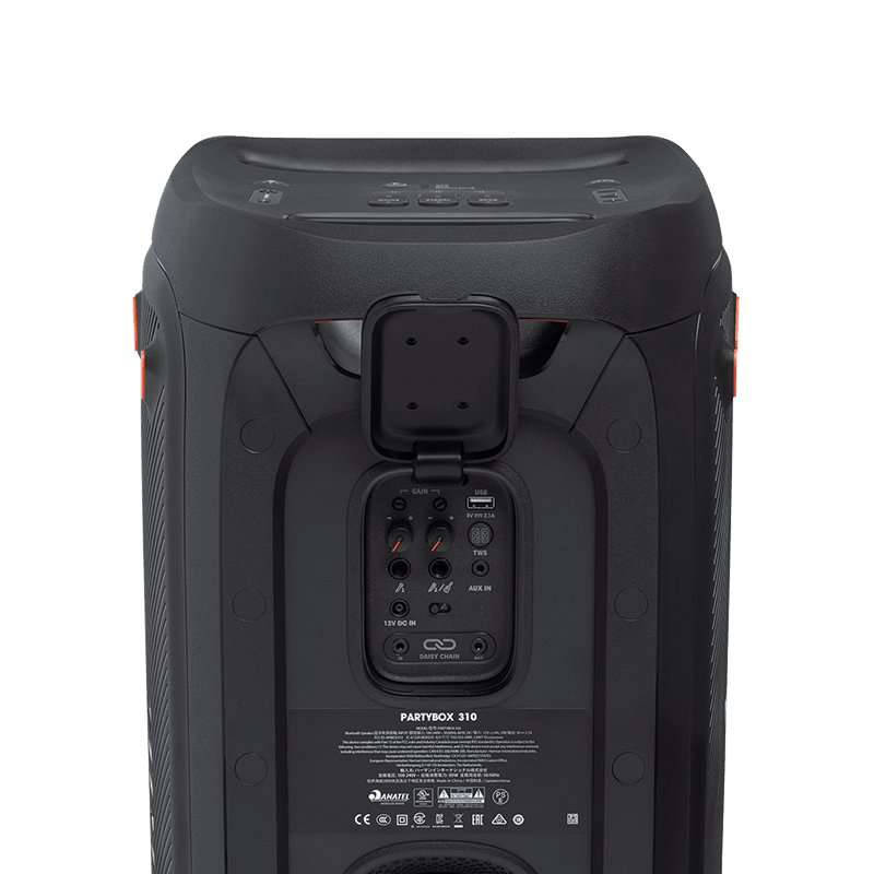 JBL PartyBox 310 Kenya angled rear view showing orange accent strips, bass port and volume knob