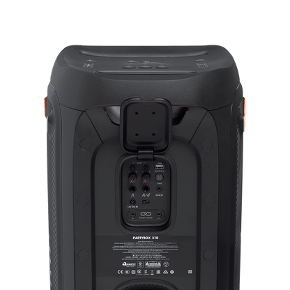 JBL PartyBox 310 Kenya angled rear view showing orange accent strips, bass port and volume knob