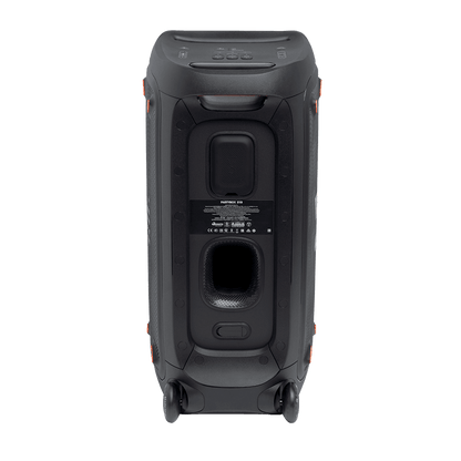 JBL PartyBox 310 Kenya full rear view showing bass port, product compliance label, orange accents and trolley wheels