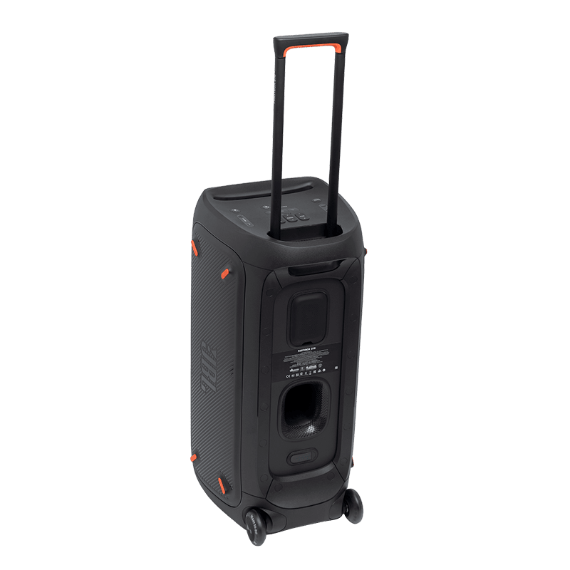 JBL PartyBox 310 Kenya three-quarter front angle showing full body, orange accents and light strip