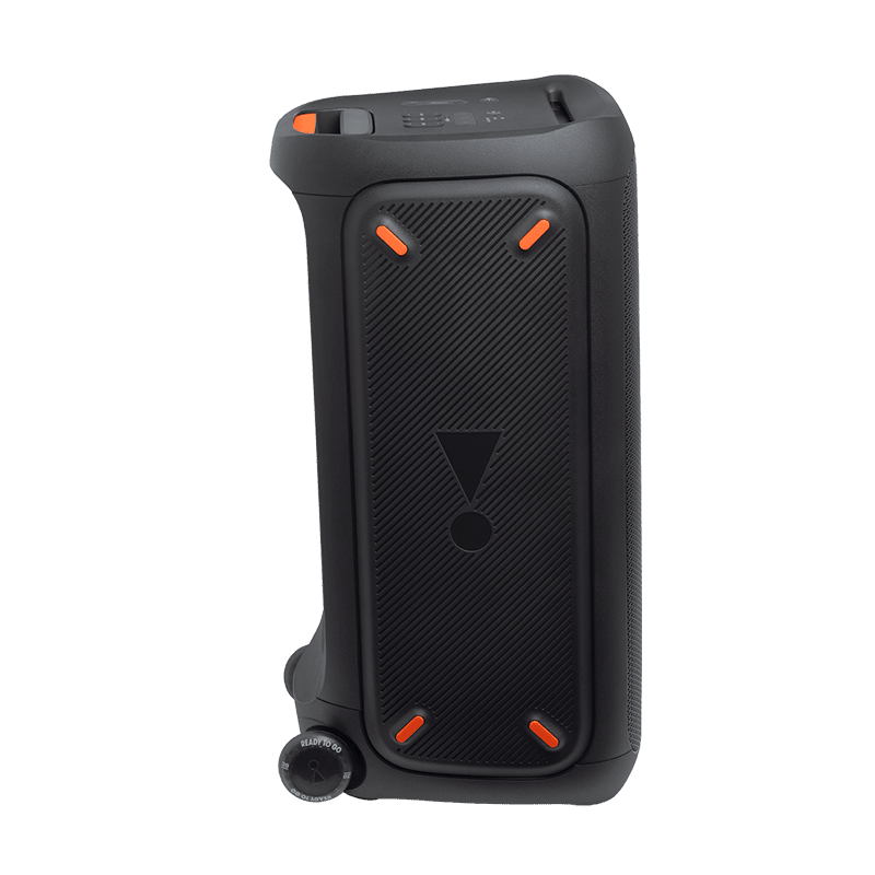 JBL PartyBox 310 Kenya rear panel view showing textured black cabinet, orange LED accents and trolley wheel base