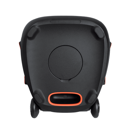 JBL PartyBox 310 Kenya bottom view showing rubber feet, orange bass port opening and dual transport wheels