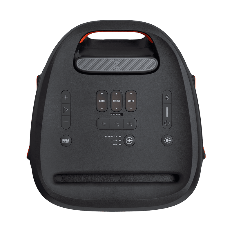 JBL PartyBox 310 Kenya top-down control panel showing Bass, Treble, Echo, Karaoke, Bluetooth and light buttons