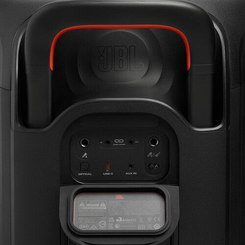 JBL PartyBox 330 Kenya rear panel showing Optical, USB-C, AUX IN ports and mic guitar inputs