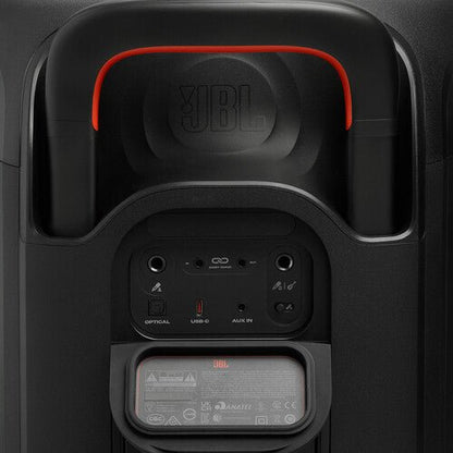 JBL PartyBox 330 Kenya rear panel showing Optical, USB-C, AUX IN ports and mic guitar inputs