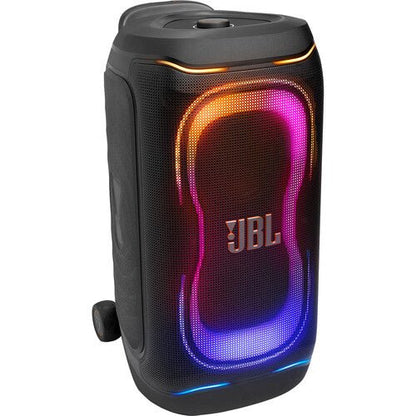JBL PartyBox 330 Kenya front three-quarter view with full RGB LED light show glowing on black grille