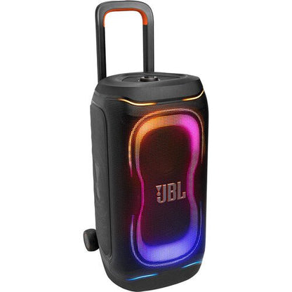 JBL PartyBox 330 Kenya front view with orange trolley handle extended, LED lights active and transport wheels