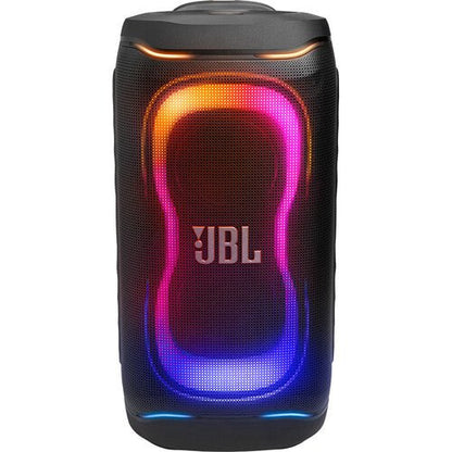 JBL PartyBox 330 Kenya front view with multicolour LED light show active on black mesh grille