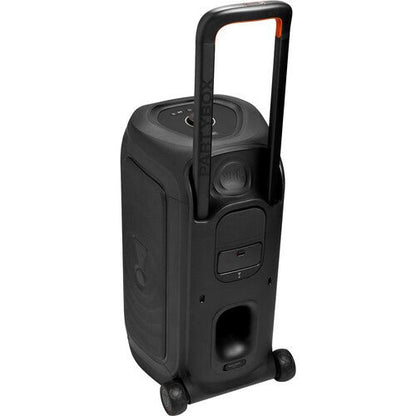 JBL PartyBox 330 Kenya rear three-quarter view with orange-accented trolley handle extended and transport wheels visible