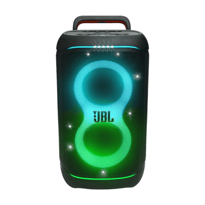 JBL PartyBox 520 Kenya front view with active orange-pink RGB lightshow and carry handle on white background