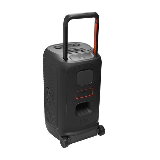 JBL PartyBox 520 Kenya rear view with telescopic handle extended, red accent stripe and input ports visible
