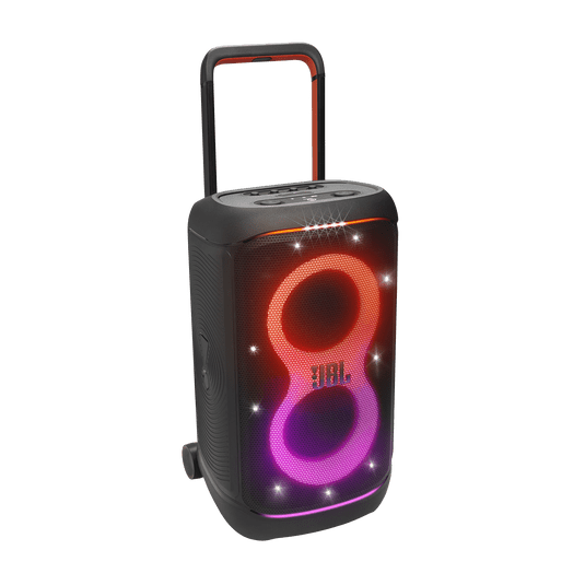 JBL PartyBox 520 Kenya front view with active orange-pink RGB lightshow and carry handle on white background