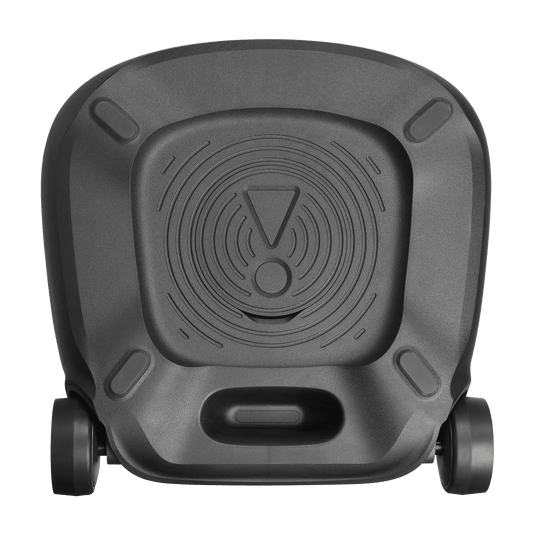 JBL PartyBox 520 Kenya bottom view showing passive radiator port, dual transport wheels and rubber feet