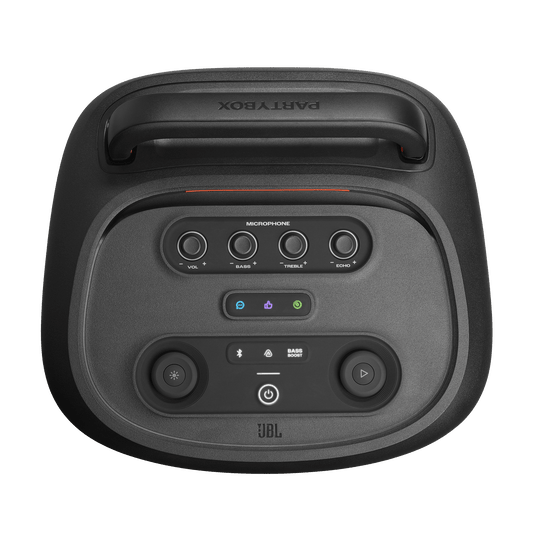 JBL PartyBox 520 Kenya top panel view showing mic controls, EQ knobs, Bluetooth and bass boost buttons