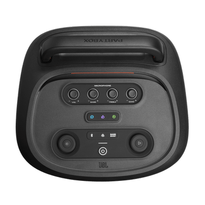 JBL PartyBox 520 Kenya top panel view showing mic controls, EQ knobs, Bluetooth and bass boost buttons