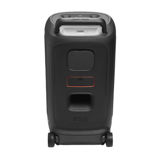 JBL PartyBox 520 Kenya rear view with telescopic handle extended, red accent stripe and input ports visible