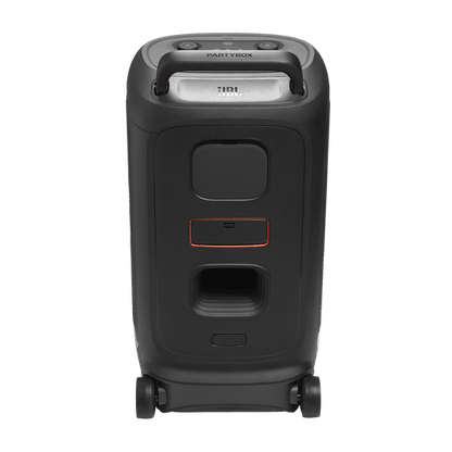 JBL PartyBox 520 Kenya rear view with telescopic handle extended, red accent stripe and input ports visible