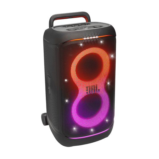 JBL PartyBox 520 Kenya front view with active orange-pink RGB lightshow and carry handle on white background