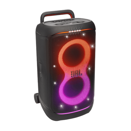 JBL PartyBox 520 Kenya front view with active orange-pink RGB lightshow and carry handle on white background