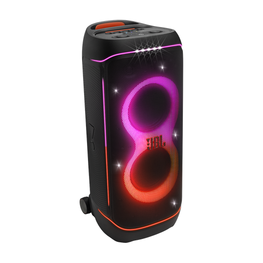 JBL PartyBox 720 portable party speaker — 800W, dual 9-inch woofers, futuristic light show, wheeled chassis, black, IPX4 splashproof