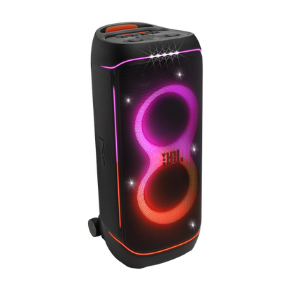 JBL PartyBox 720 portable party speaker — 800W, dual 9-inch woofers, futuristic light show, wheeled chassis, black, IPX4 splashproof