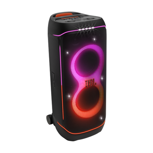 JBL PartyBox 720 portable party speaker — 800W, dual 9-inch woofers, futuristic light show, wheeled chassis, black, IPX4 splashproof